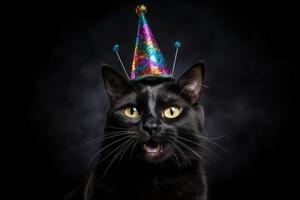 ai gerado fofa adorável Preto aniversário gato dentro colorida festa chapéu sentado em Sombrio Preto fundo foto