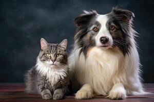 ai gerado fechar acima retrato do uma cachorro e uma gato olhando às a Câmera dentro frente do uma cinzento fundo foto