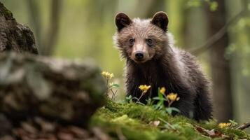 ai gerado pequeno Urso filhote dentro a Primavera floresta foto