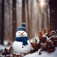 ai gerado fofa boneco de neve brinquedo. feliz Novo ano. alegre Natal. inverno feriado fundo. 3d desenho animado personagem. foto