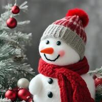 ai gerado fofa boneco de neve brinquedo. feliz Novo ano. alegre Natal. inverno feriado fundo. 3d desenho animado personagem. foto