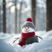 ai gerado fofa boneco de neve brinquedo. feliz Novo ano. alegre Natal. inverno feriado fundo. 3d desenho animado personagem. foto