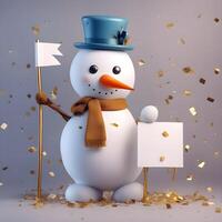 ai gerado fofa boneco de neve brinquedo. feliz Novo ano. alegre Natal. inverno feriado fundo. 3d desenho animado personagem. foto