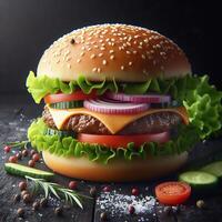 ai gerado Hamburger hamburguer Comida em a Preto mesa foto