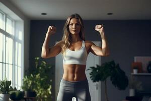 ai gerado jovem mulher exercício às lar. Esportes e saudável estilo de vida. ai gerado. foto