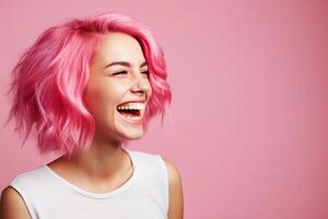 ai gerado feliz jovem mulher com Rosa cabelo olhando às lado, Rosa fundo, cópia de espaço. ai gerado. foto