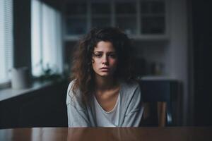 ai gerado depressivo triste jovem mulher às lar, Sombrio fundo. mental saúde conceito. ai gerado. foto