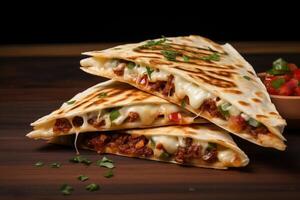 ai gerado fatias do delicioso Quesadilla em de madeira mesa, fechar acima. ai gerado. foto