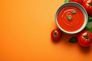 ai gerado tigela do tomate sopa em laranja fundo com fresco tomates, topo visualizar, cópia de espaço. ai gerado. foto
