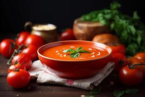 ai gerado tigela do tomate sopa em a mesa com fresco tomates e manjericão. ai gerado. foto