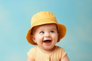ai gerado feliz sorridente pequeno criança, criança pequena, bebê dentro amarelo chapéu em azul fundo. ai gerado. foto