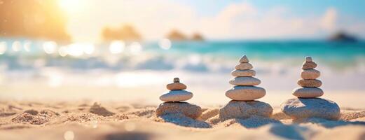 ai gerado zen pedras dentro equilibrado cairns em tropical de praia às nascer do sol. harmonia e Paz ressoar Como pedra torres ficar de pé contra a pano de fundo do uma brilho céu. foto