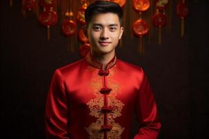 ai gerado bonito chinês homem vestindo vermelho tradicional roupas bokeh estilo fundo com generativo ai foto