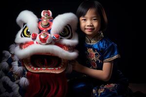 ai gerado uma jovem chinês menina com Dragão dança mascarar com generativo ai foto