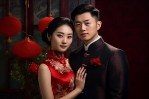 ai gerado chinês noivo e noiva vestindo chinês Casamento vestuário com generativo ai foto