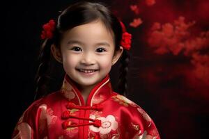 ai gerado uma jovem chinês menina vestindo vermelho chinês tradicional vestir bokeh estilo fundo com generativo ai foto