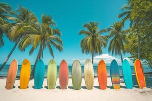 ai gerado colorida pranchas de surf em arenoso de praia , tropical costeiro paraíso foto