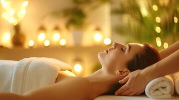 ai gerado mulher relaxante dentro uma pacífico massagem sessão com □ Gentil mãos do massagista foto