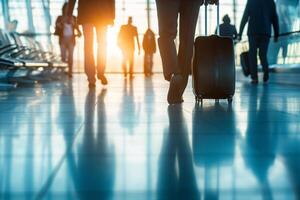 ai gerado profissionais viajando para trabalhar, Incluindo aeroportos foto