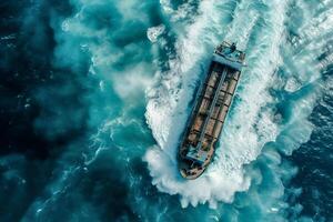 ai gerado petroleiro embarcação navio é Navegando dentro oceano através a pesado tempestade . foto