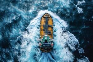 ai gerado petroleiro embarcação navio é Navegando dentro oceano através a pesado tempestade . foto