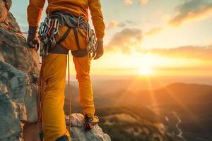 ai gerado profissional penhasco alpinista Pare escalada olhando às lindo pôr do sol . aventura e extremo esporte conceito. foto