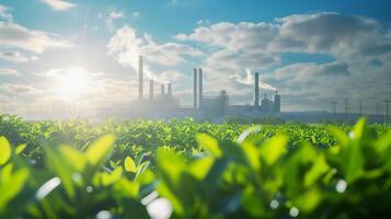 ai gerado futurista fábrica com Boa meio ambiente, ecologicamente correto fábrica verde fábrica conceito, zero carbono futuro foto