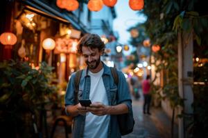 ai gerado masculino viajante Veja às dela inteligente telefone para reserva hotel , procurando para restaurante ,olhar mapa . foto