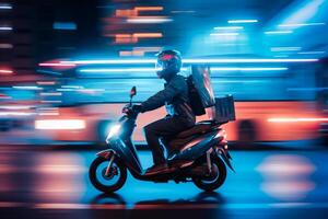 ai gerado Comida Entrega homem passeio motocicleta em a estrada às noite , entregar parcela para cliente às noite com luz trilha . foto