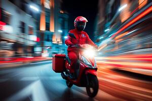 ai gerado Comida Entrega homem passeio motocicleta em a estrada às noite , entregar parcela para cliente às noite com luz trilha . foto