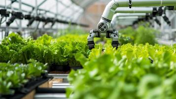 ai gerado futuro agricultura vegetal Fazenda dentro estufa com inteligente robótico braços , automação vegetal Fazenda. foto
