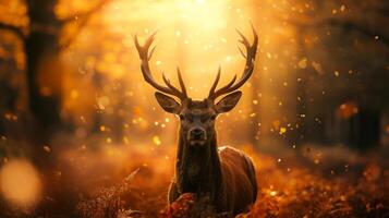 ai gerado natureza animais selvagens cena jovem veado com grande chifre dentro a floresta . foto