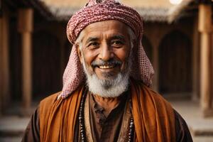 ai gerado ai gerado imagem do sorridente árabe idosos barbudo homem vestindo tradicional roupas e olhando às Câmera enquanto em pé contra borrado fundo foto