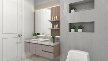 minimalista e moderno banheiro com de madeira lavar mão gabinete foto