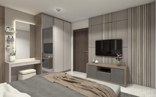 interior quarto Projeto usando minimalista televisão gabinete e guarda roupa gabinete 3d ilustração foto
