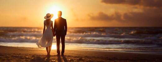 ai gerado em dia dos namorados dia uma casal silhueta contra a Maldivas pôr do sol tintas uma cena do amor, com a calma ondas e arenoso costa adicionando para a idílico romântico contexto. foto