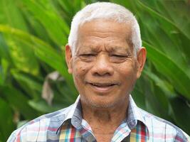 retrato do idosos homem sorridente enquanto em pé dentro uma jardim foto