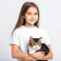 ai gerado uma bonito jovem menina com fofa gato isolado em branco fundo foto