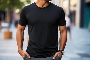 ai gerado Preto clássico nuca camiseta brincar com modelo 4 foto