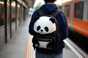 ai gerado moda mochila pelúcia animal panda dar pacote. gerar ai foto