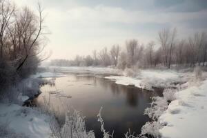 ai gerado Sombrio inverno lago em Beira do floresta. gerar ai foto