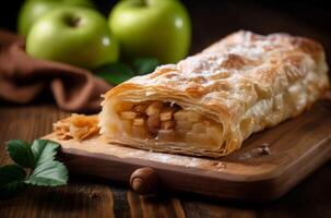 ai gerado maçã torta pastelaria com açucarado pó. gerar ai foto