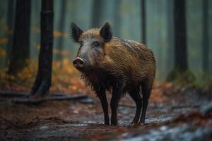 ai gerado selvagem javali dentro enevoado floresta. gerar ai foto