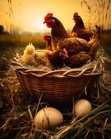 ai gerado galinhas dentro campo de cesta do ovos. uma grupo do galinhas dentro uma cesta com ovos foto