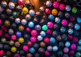 ai gerado muitos colorida guarda-chuvas estão dentro a meio. uma grupo do guarda-chuvas este estão dentro a ar foto