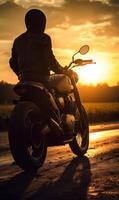 ai gerado motocicleta cavaleiro silhueta às pôr do sol. uma pessoa equitação uma motocicleta em uma estrada às pôr do sol foto