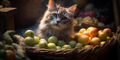 ai gerado fofa e adorável nariz branco malhado aventureiro gatinho. uma gato sentado dentro uma cesta cheio do fruta foto
