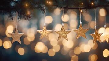 ai gerado em forma de estrela Natal luzes suspensão a partir de abeto galhos, com uma pano de fundo do suavemente borrado, abstrato bokeh, ai gerado. foto