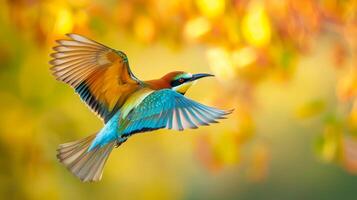ai gerado colorida pássaro sobe através a ar, vibrante plumagem brilhando contra borrado fundo, ai gerado. foto