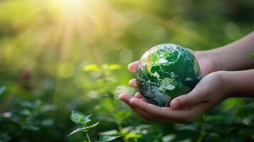 ai gerado embalada dentro mãos, a verde planeta significa da terra salvação, ai gerado. foto